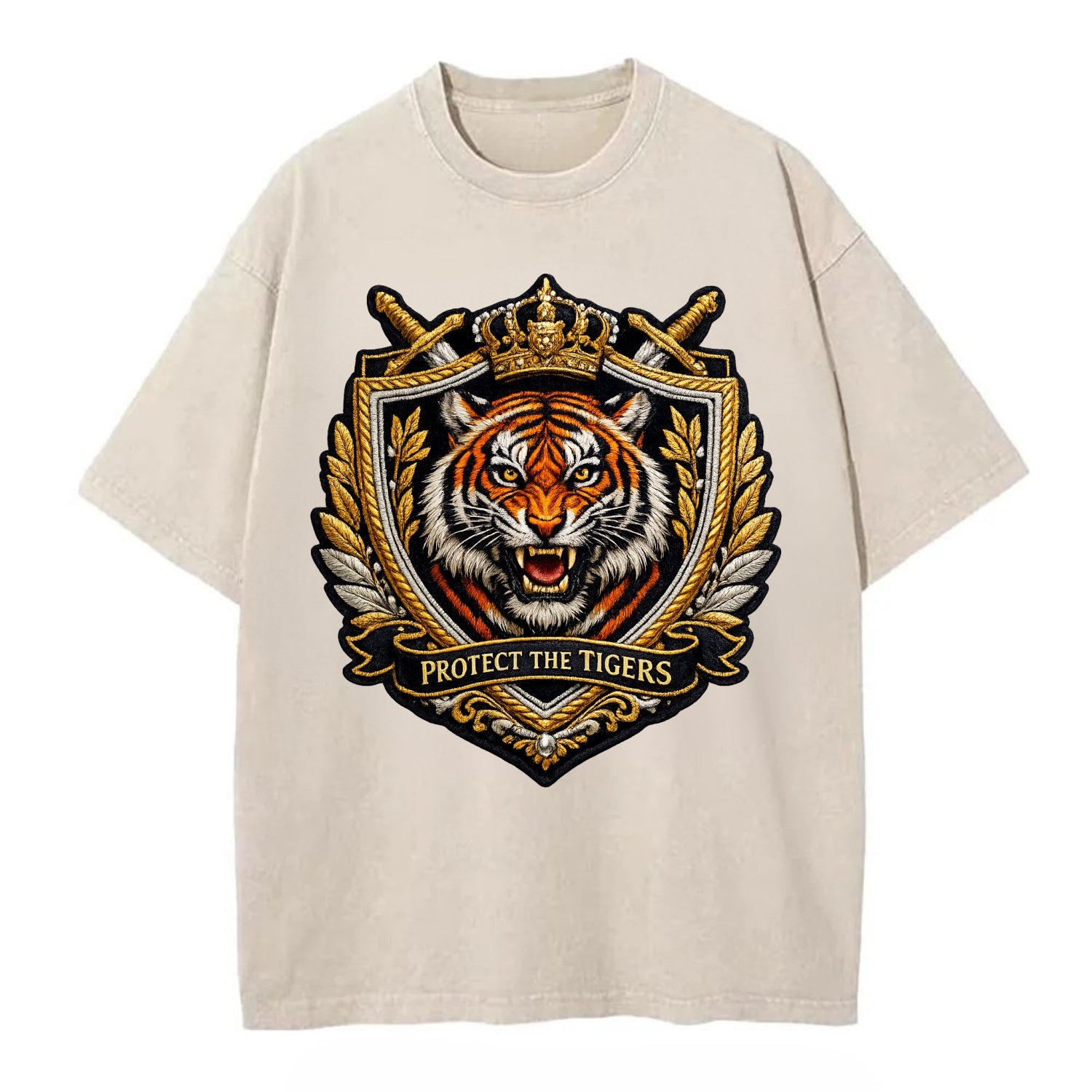 PROTECT THE TIGERS - tiger with shield in orange , big cat conservation - Vintage T-shirt - Off White