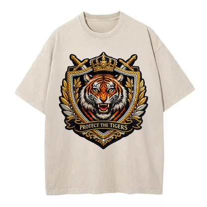 PROTECT THE TIGERS - tiger with shield in orange , big cat conservation - Vintage T-shirt - Off White