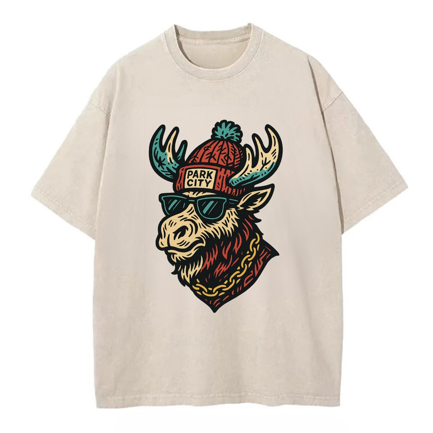Park City Moose wearing Park City beanie with pom pom and wayfarer sunglasses - Vintage T-shirt - Off White