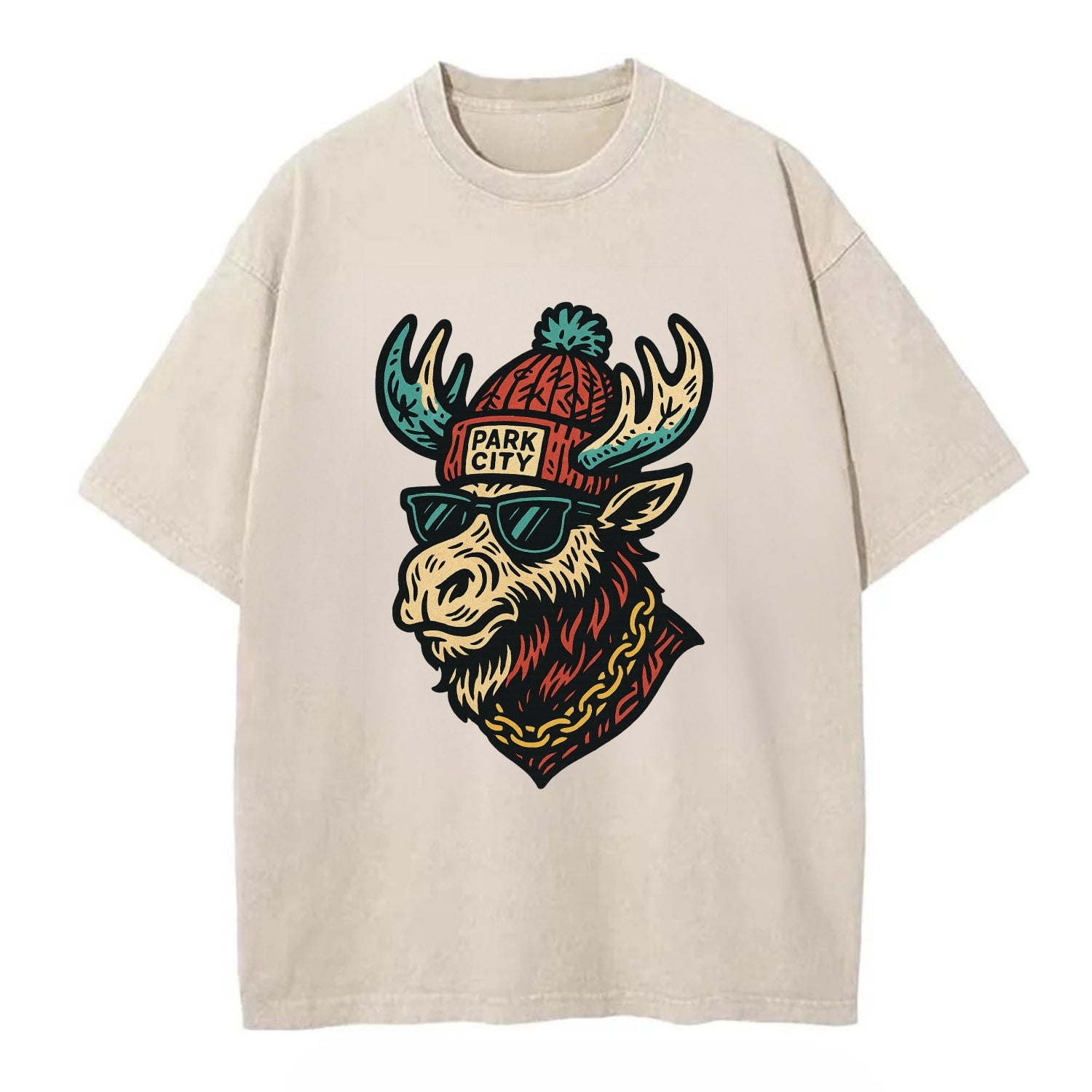 Park City Moose wearing Park City beanie with pom pom and wayfarer sunglasses - Vintage T-shirt - Off White