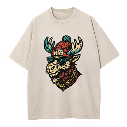 Park City Moose wearing Park City beanie with pom pom and wayfarer sunglasses - Vintage T-shirt - Off White
