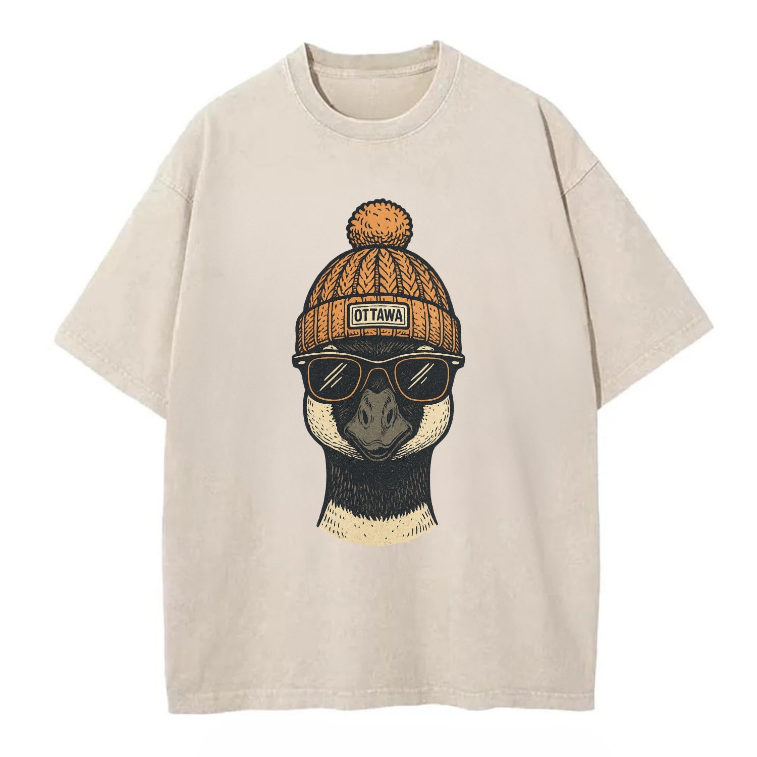 Ottawa Canadian Goose wearing Ottawa beanie with pom pom and wayfarer sunglasses - Vintage T-shirt - Off White
