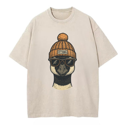 Ottawa Canadian Goose wearing Ottawa beanie with pom pom and wayfarer sunglasses - Vintage T-shirt - Off White