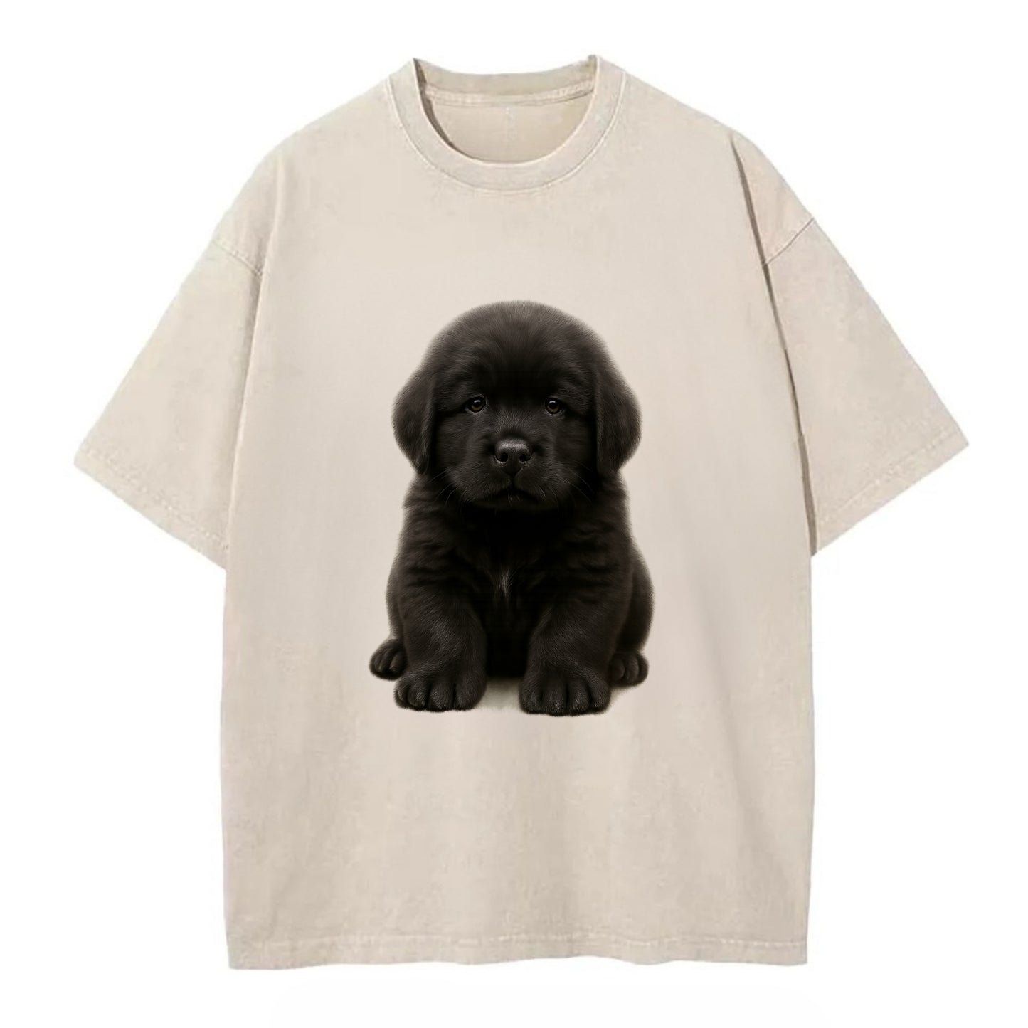 Baby Newfoundland Puppy - giant fluffy black, gentle eyes, webbed paws, - Vintage T-shirt - Off White