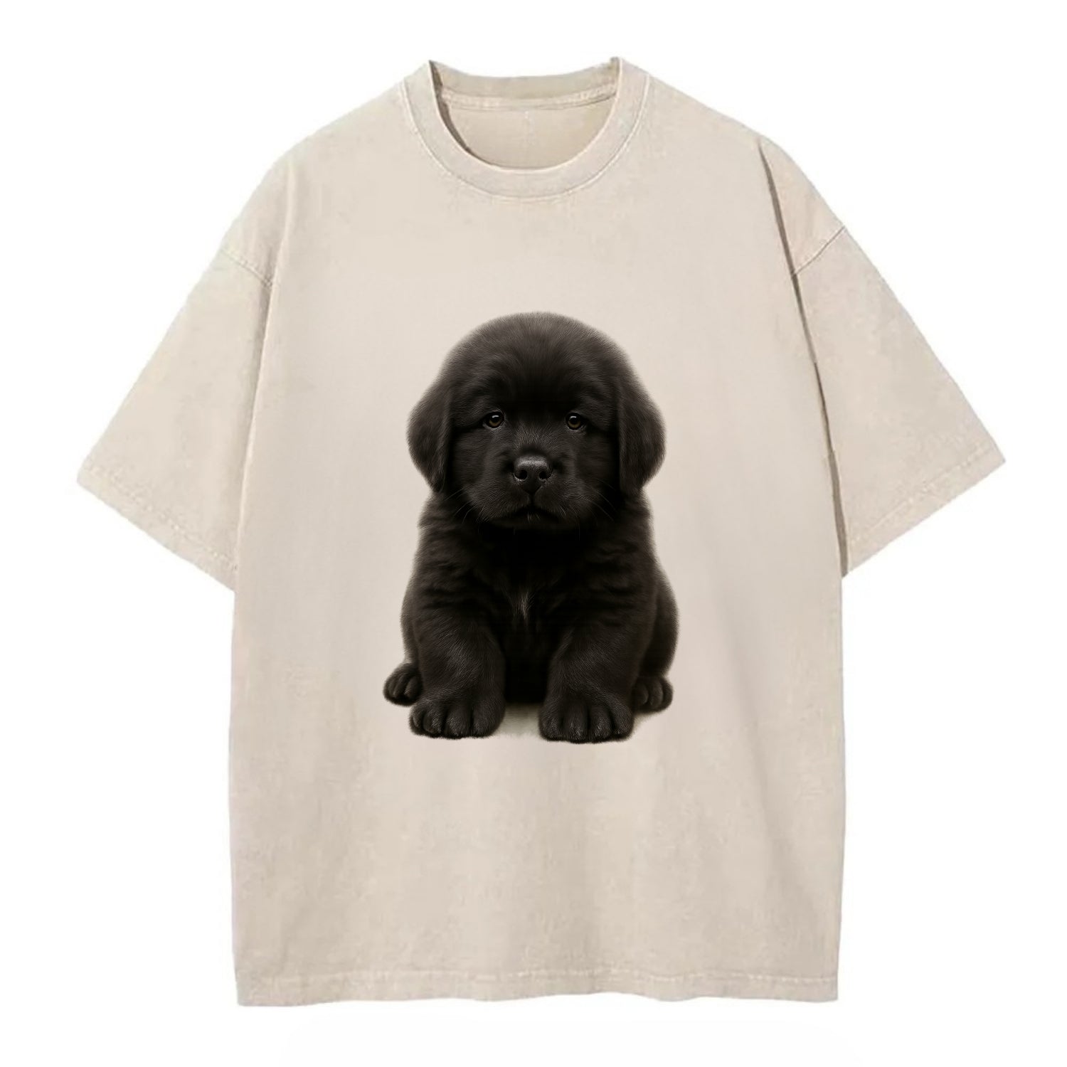 Baby Newfoundland Puppy - giant fluffy black, gentle eyes, webbed paws, - Vintage T-shirt - Off White