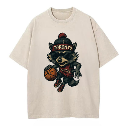 Toronto Raccoon wearing Raptors beanie with CN Tower patch and wayfarer sunglasses - Vintage T-shirt - Off White