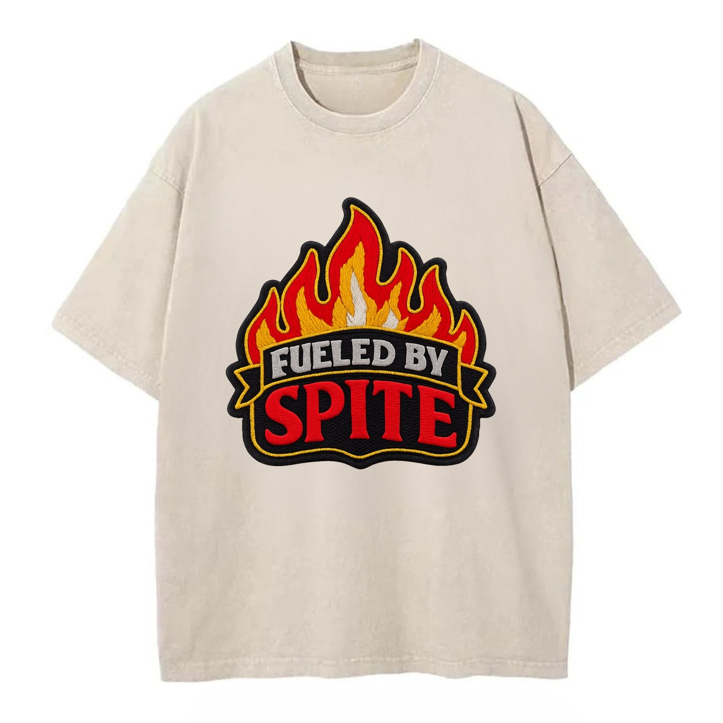 FUELED BY SPITE - fire with text in black and red , petty motivation - Vintage T-shirt - Off White