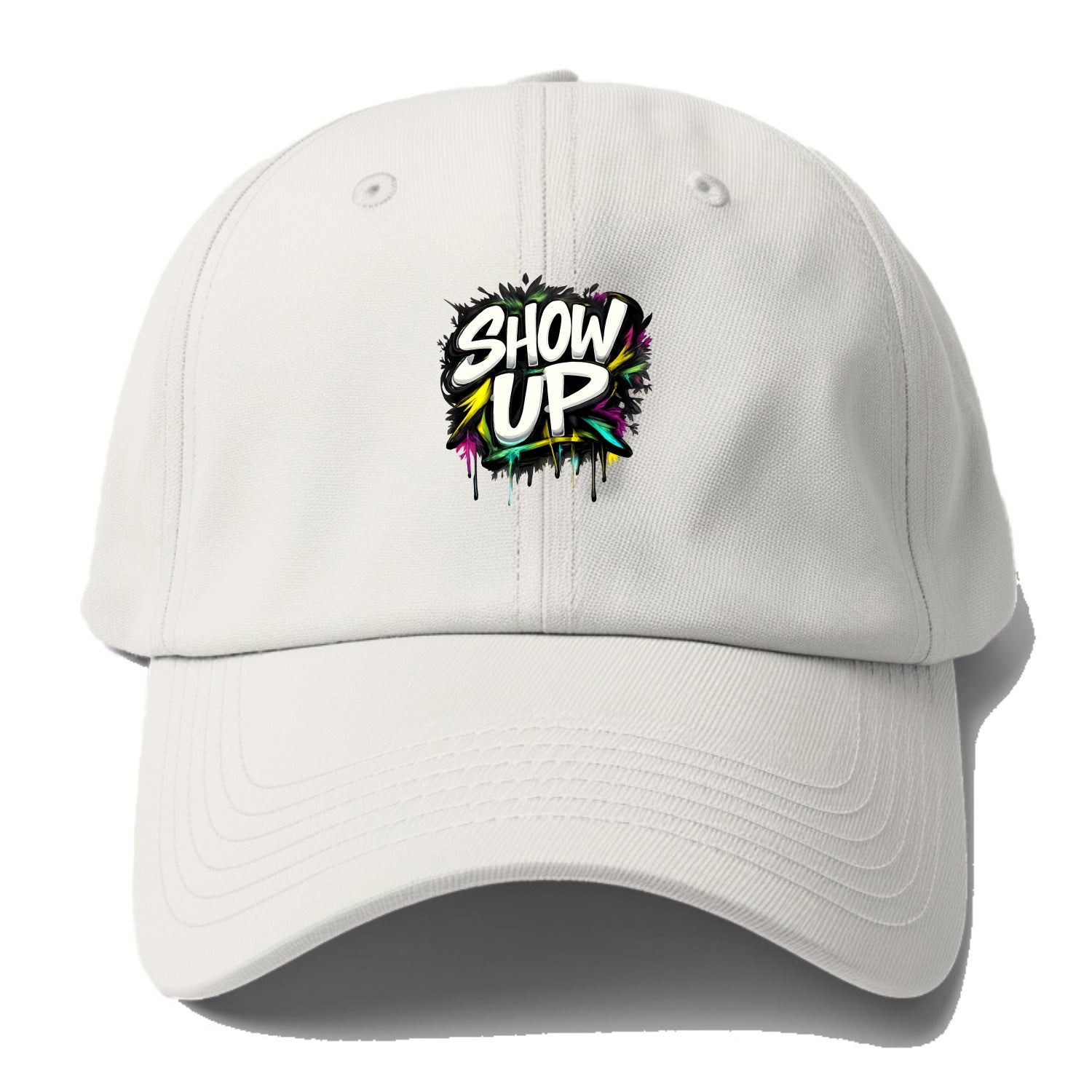 Bold typography design - "SHOW UP" - be present, arrive ready - Baseball Cap - Off White