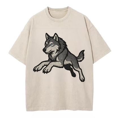 Wolf Leaping Action  - Vintage T-shirt - Off White