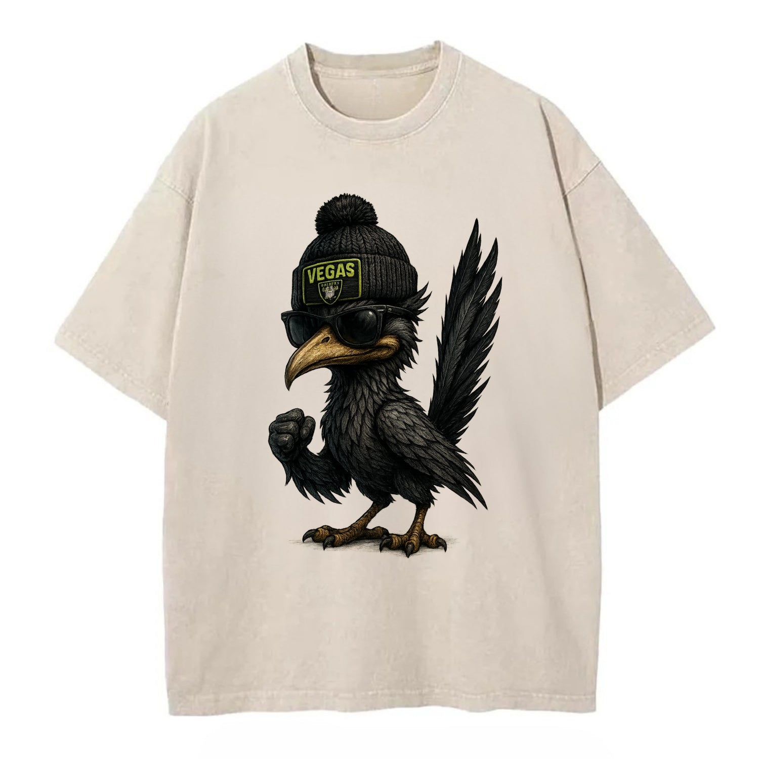 Vegas Roadrunner wearing Raiders beanie with neon patch and wayfarer sunglasses - Vintage T-shirt - Off White
