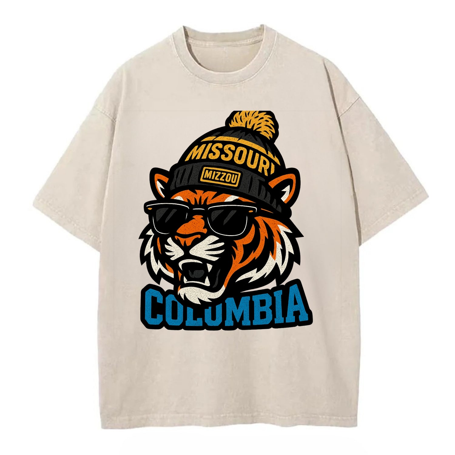 Columbia Tiger wearing Missouri beanie with Mizzou patch - Vintage T-shirt - Off White