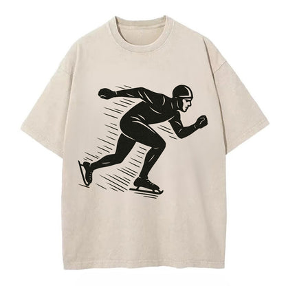 Speed skater in racing crouch - Vintage T-shirt - Off White