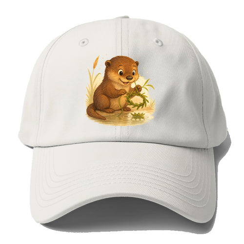 Otter weaving river reeds into a floating crown beside mirror-still water - Baseball Cap