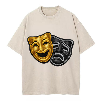 BROADWAY MASKS - comedy tragedy masks in gold and black , theater - Vintage T-shirt - Off White