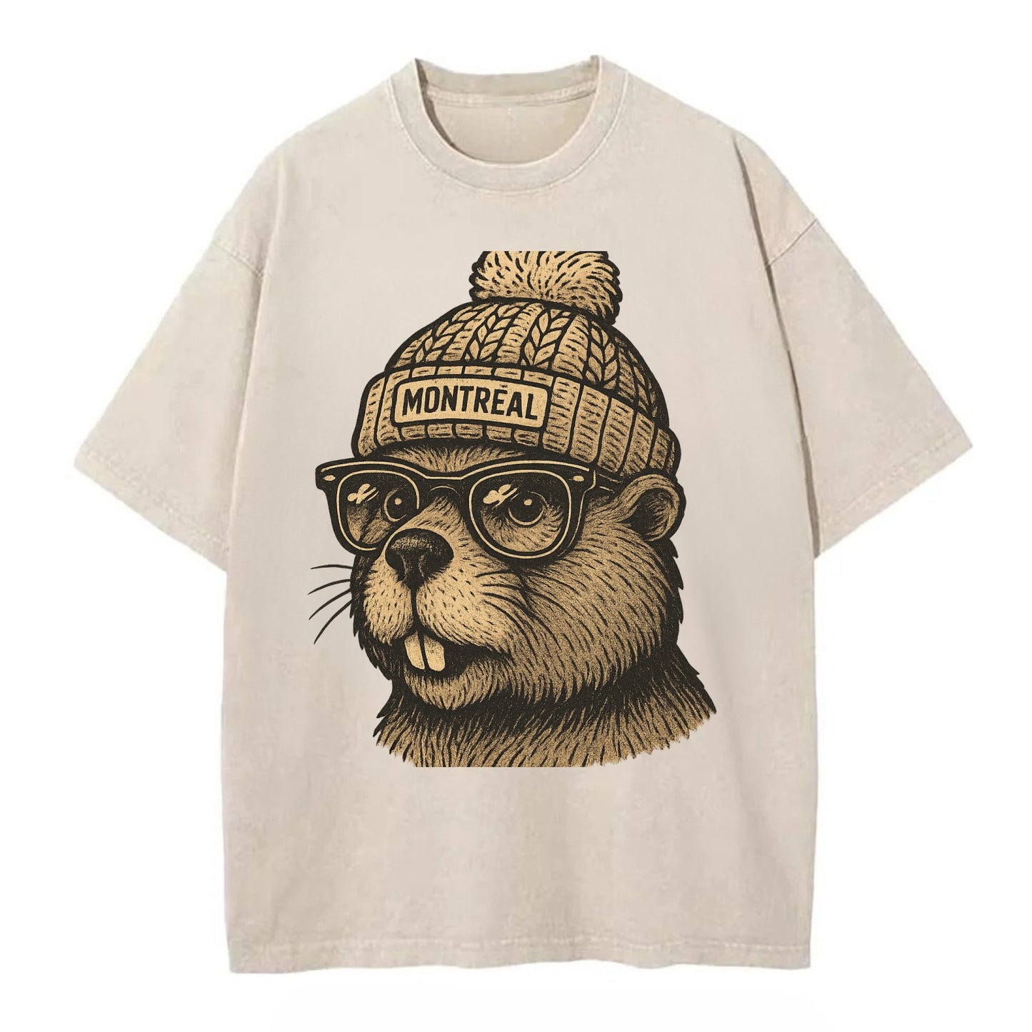 Montreal Beaver wearing Montreal beanie with pom pom and wayfarer sunglasses - Vintage T-shirt - Off White