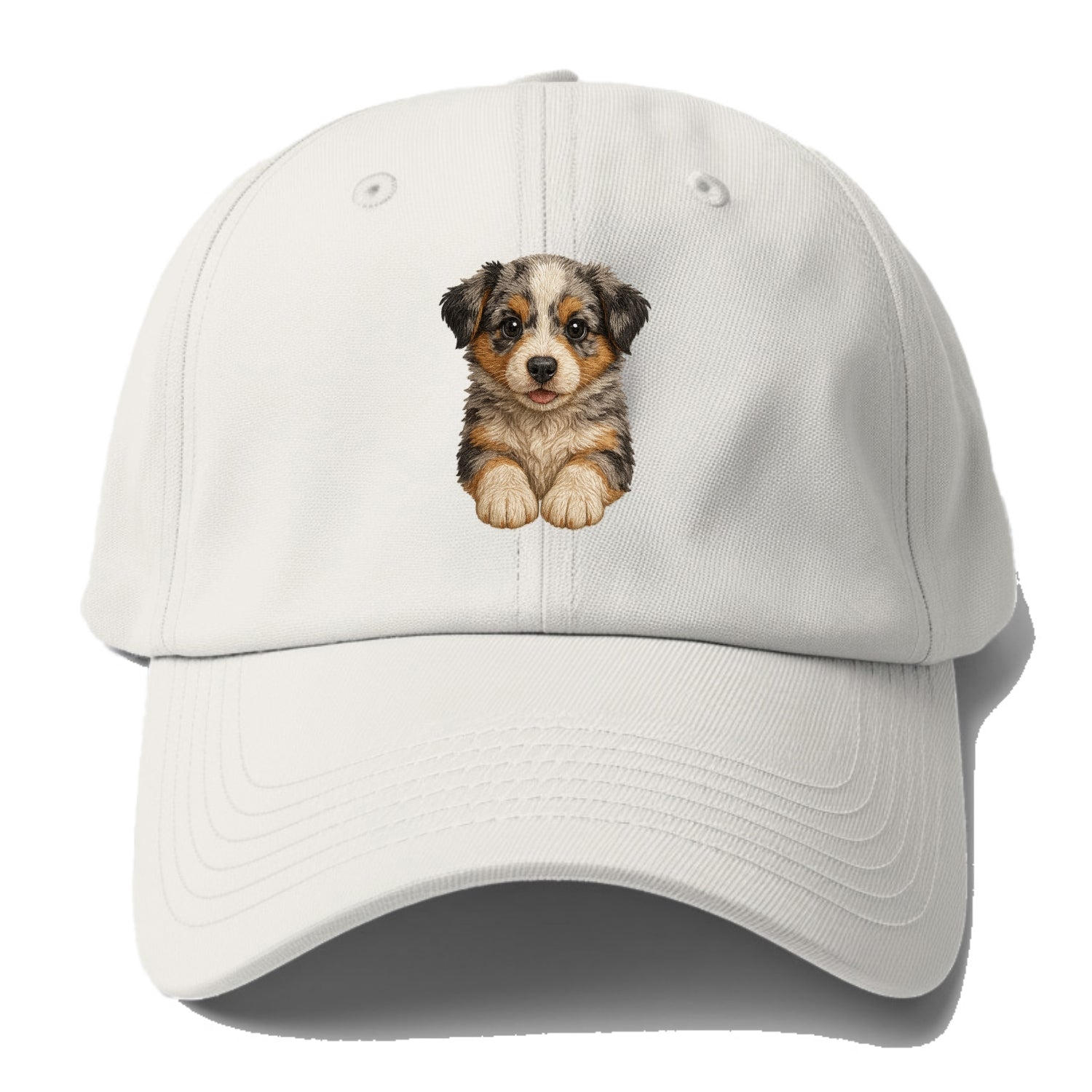 Baby Australian Shepherd Puppy - merle coat, bright eyes, fluffy, front-facing, - Baseball Cap - Off White