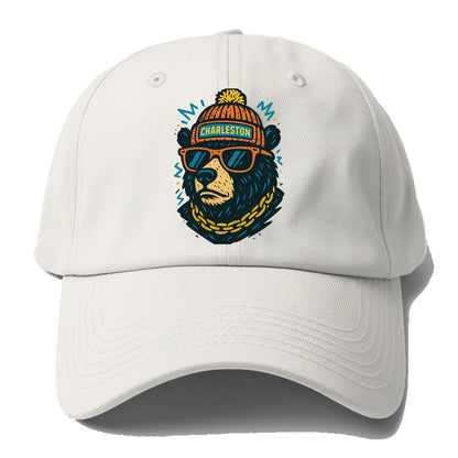 West Virginia Black Bear wearing Charleston beanie with pom pom and - Baseball Cap For Big Heads - Off White