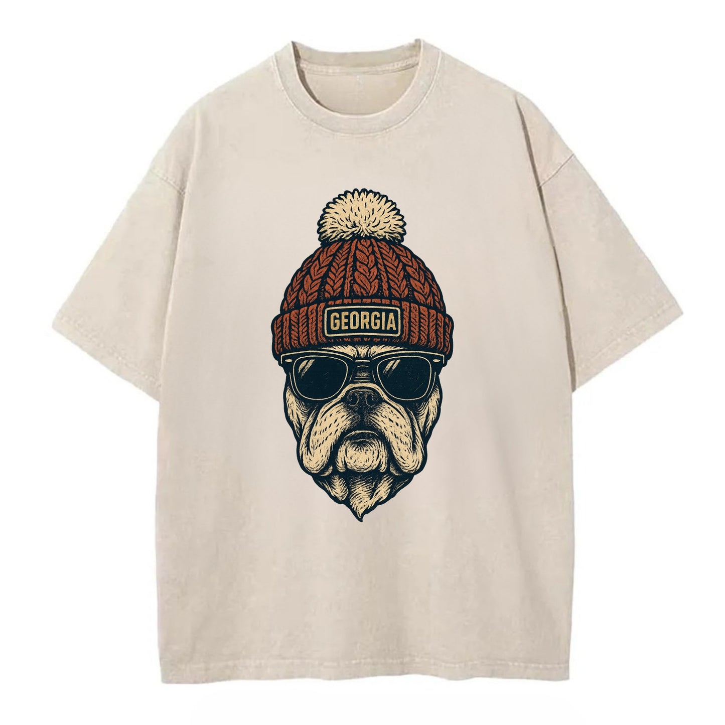 Athens Bulldog wearing Georgia beanie wi - Vintage T-shirt - Off White