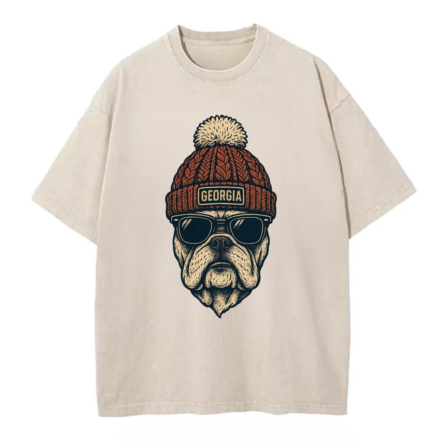 Athens Bulldog wearing Georgia beanie wi - Vintage T-shirt - Off White