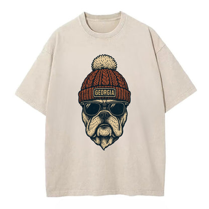 Athens Bulldog wearing Georgia beanie wi - Vintage T-shirt - Off White