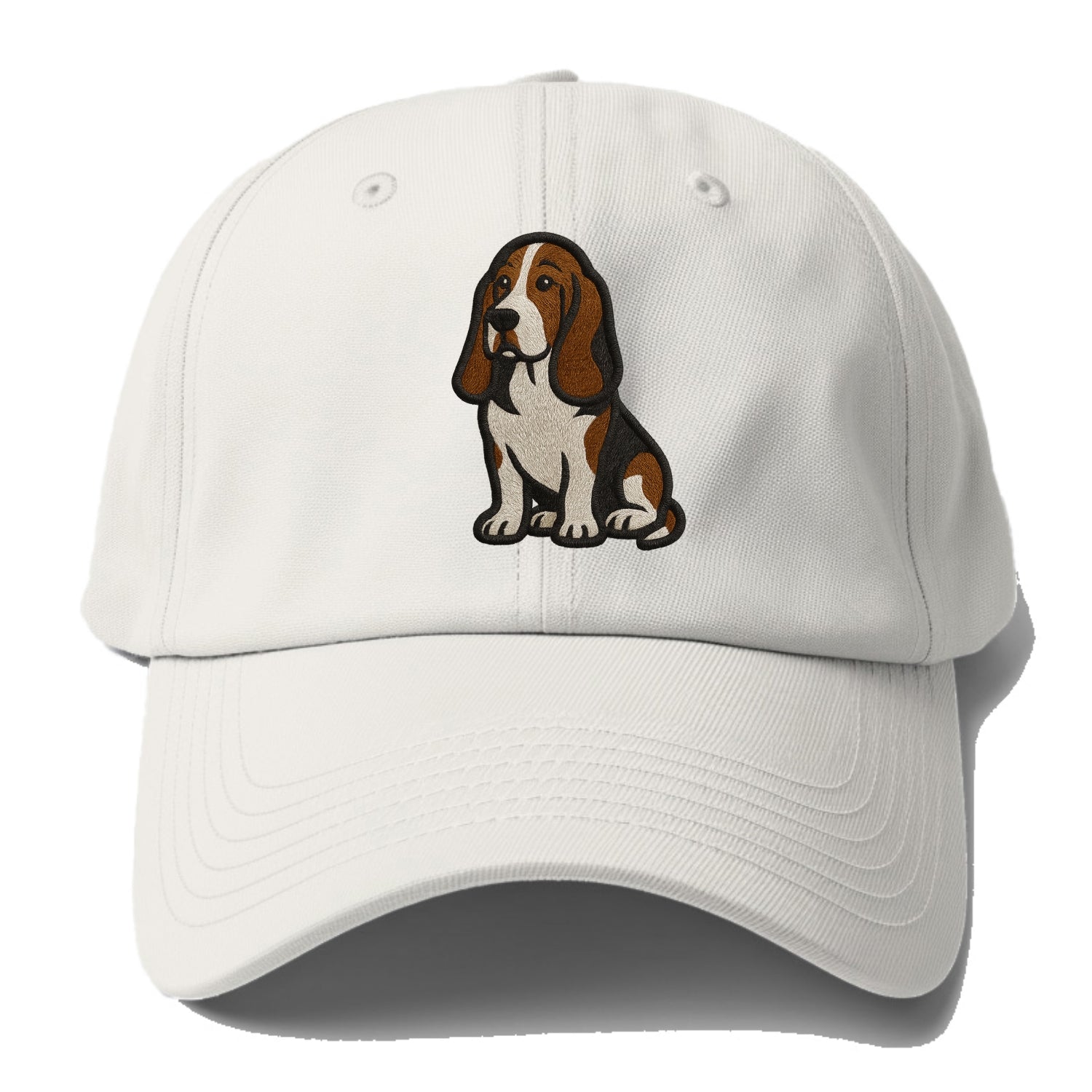 Basset Hound - Tri-color embroidered sit Baseball Cap - Off White