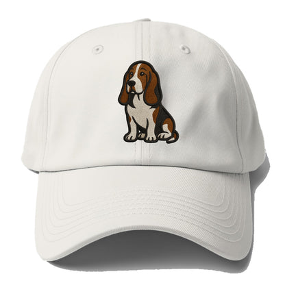 Basset Hound - Tri-color embroidered sit Baseball Cap - Off White