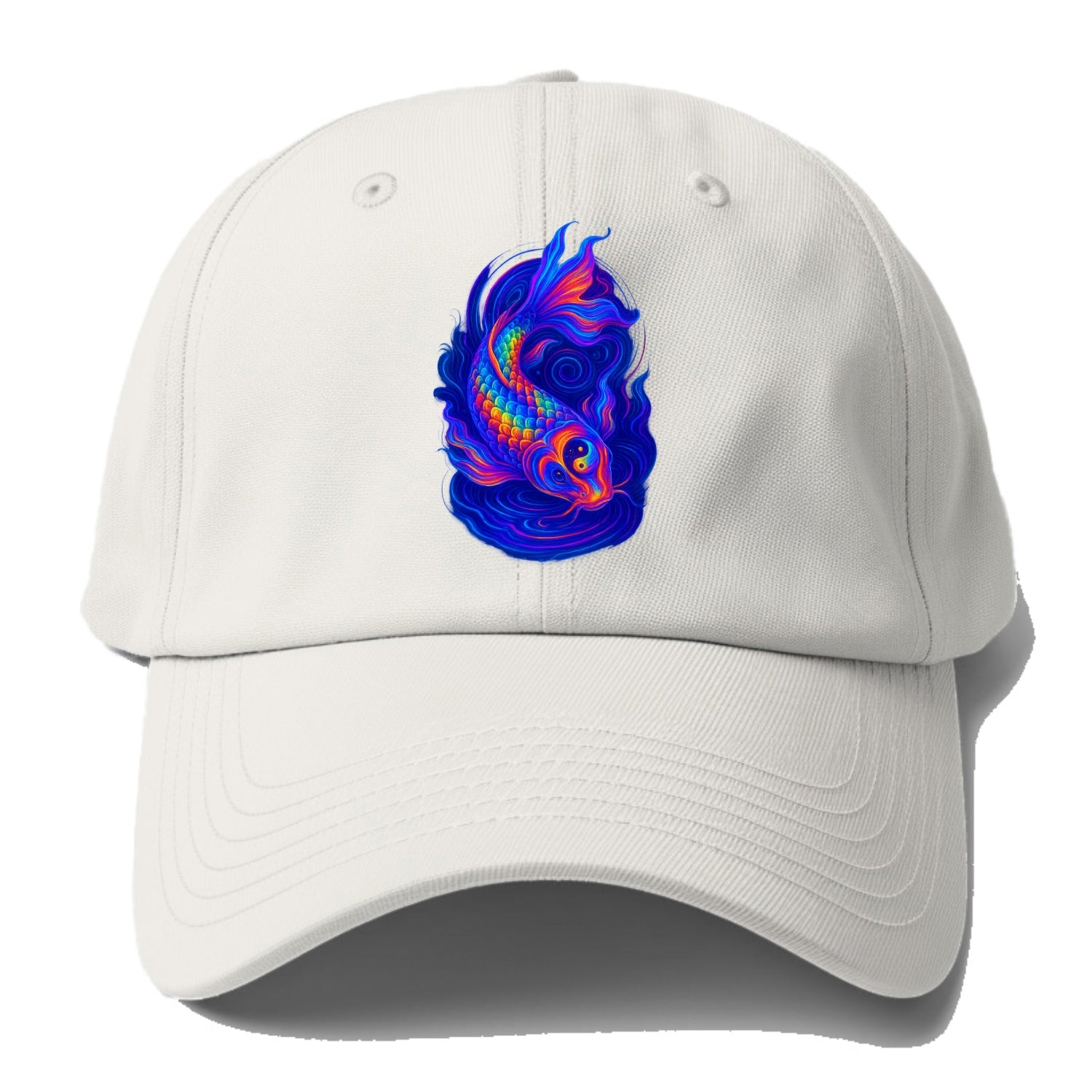 Sacred koi with scales reflecting rainbow prisms, yin-yang patterns in cosmic - Baseball Cap - Off White