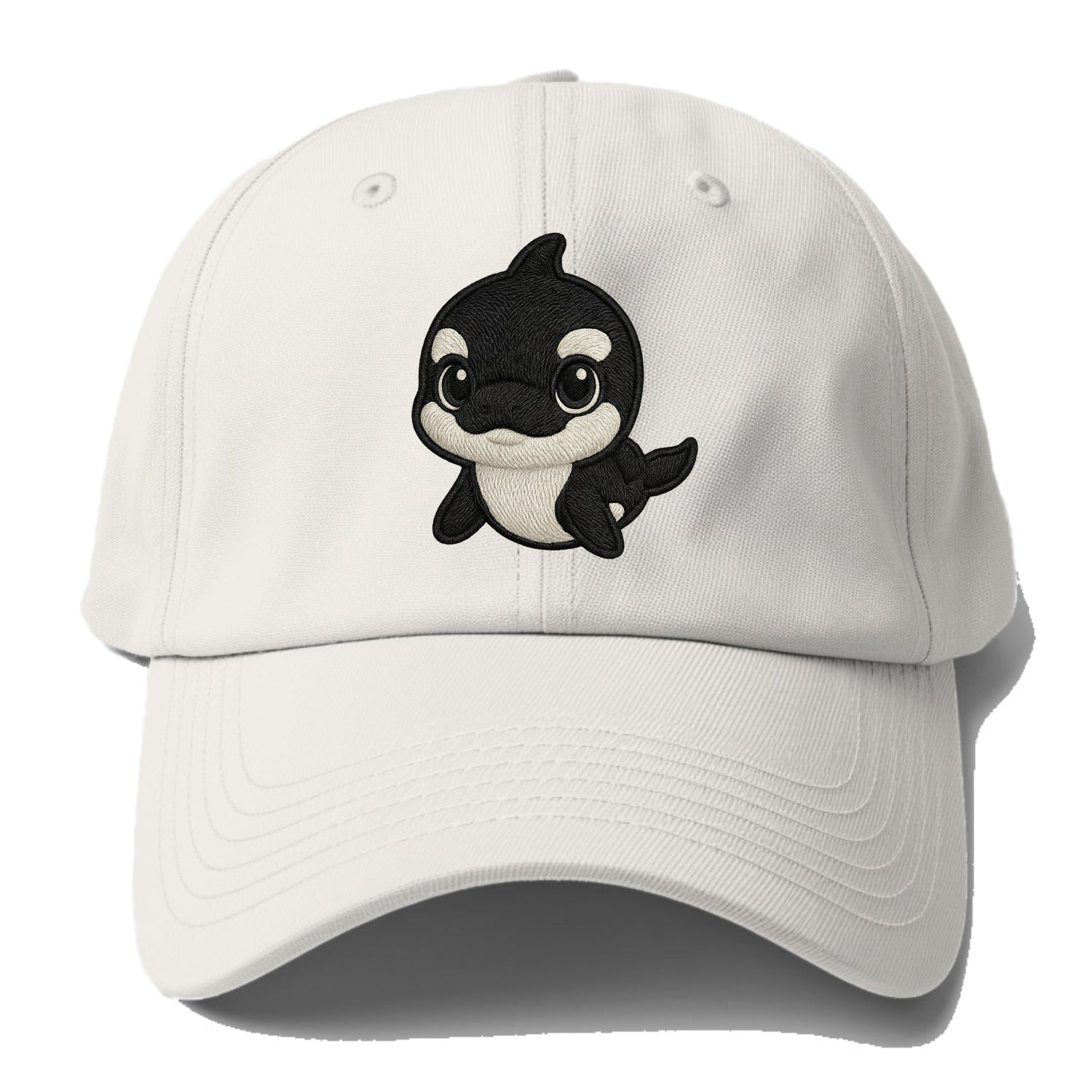 Baby Orca - black and white pattern, white eye patch, front-facing, curious and - Baseball Cap - Off White