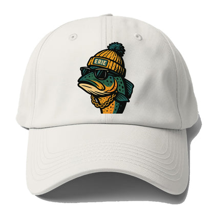 Erie Lake Trout wearing Erie beanie with pom pom and wayfarer - Baseball Cap For Big Heads - Off White