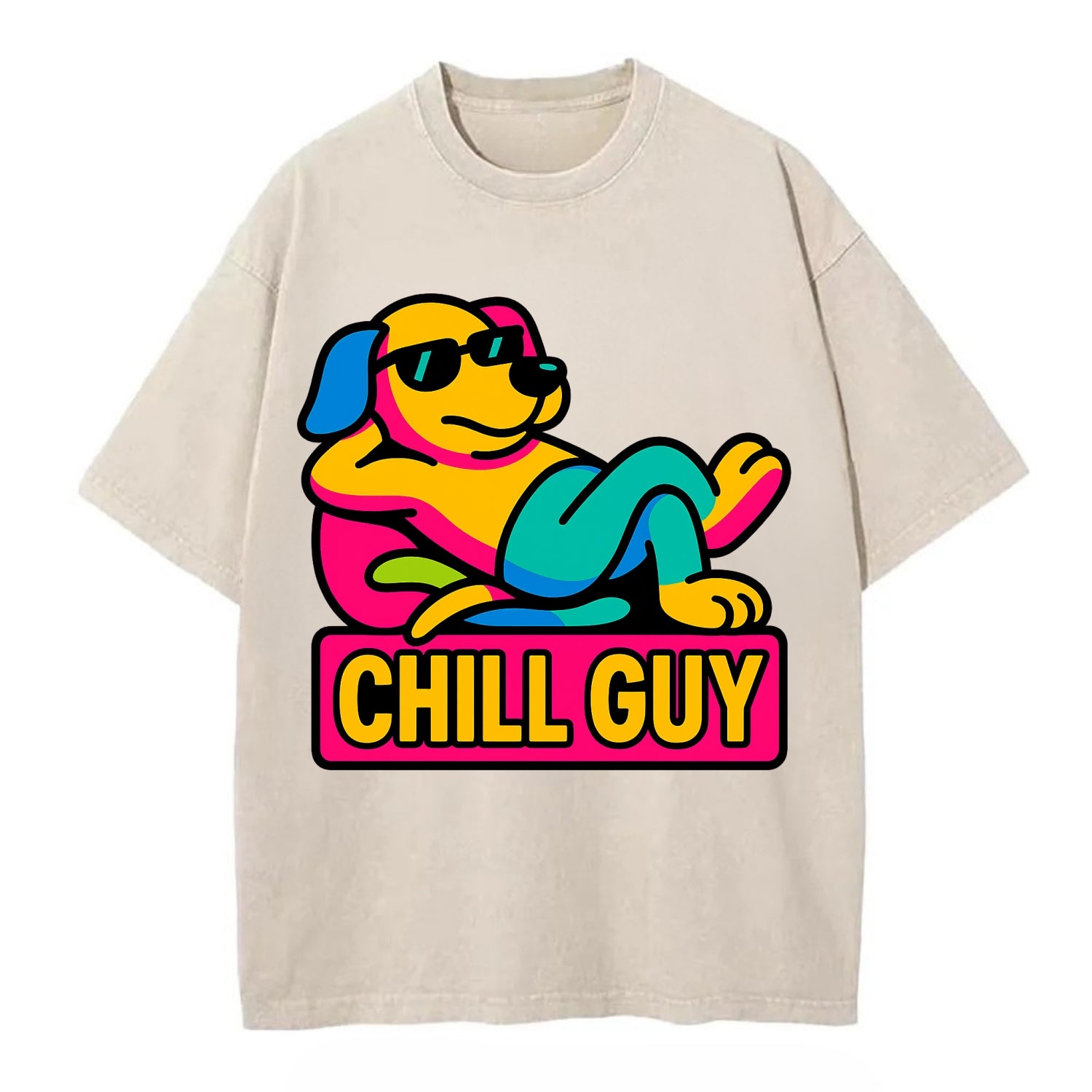 Super relaxed dog character lounging unbothered - "Chill Guy" meme energy, laid - Vintage T-shirt - Off White