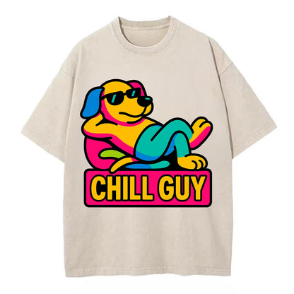 Super relaxed dog character lounging unbothered - "Chill Guy" meme energy, laid - Vintage T-shirt - Off White