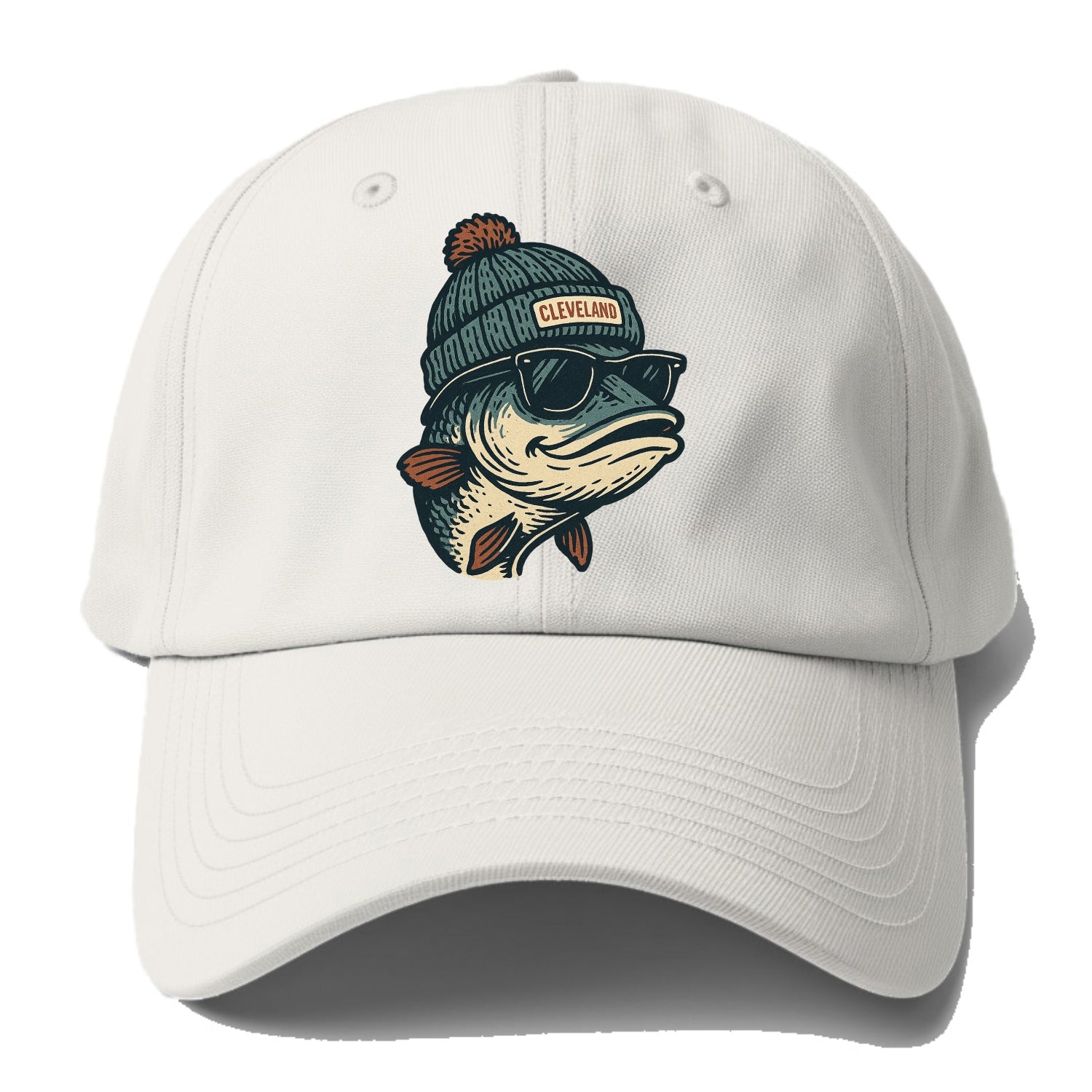 Cleveland Lake Erie Walleye wearing Cleveland beanie with pom pom and wayfarer - Baseball Cap - Off White