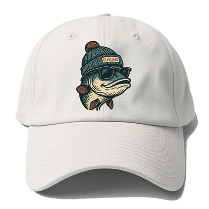Cleveland Lake Erie Walleye wearing Cleveland beanie with pom pom and wayfarer - Baseball Cap - Off White