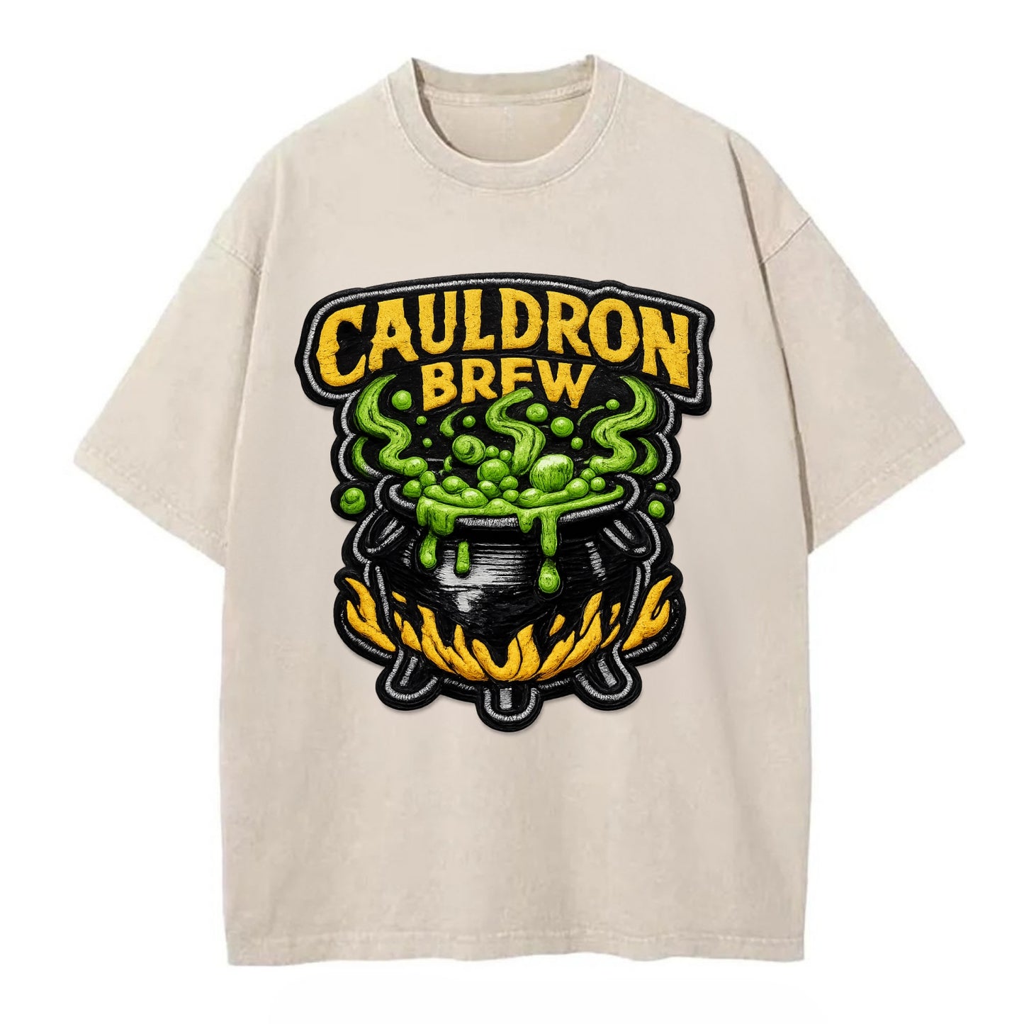 CAULDRON BREW - bubbling pot in black and green , witch craft - Vintage T-shirt - Off White