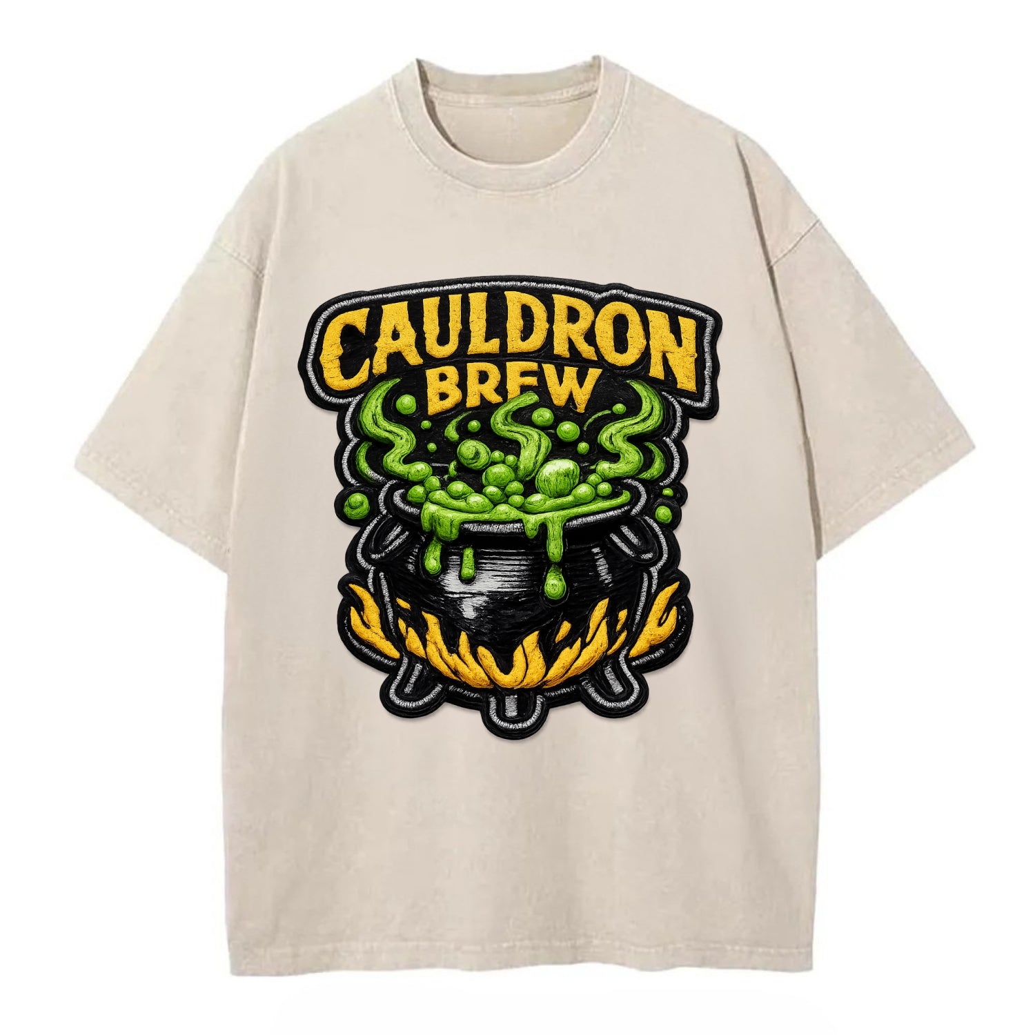 CAULDRON BREW - bubbling pot in black and green , witch craft - Vintage T-shirt - Off White