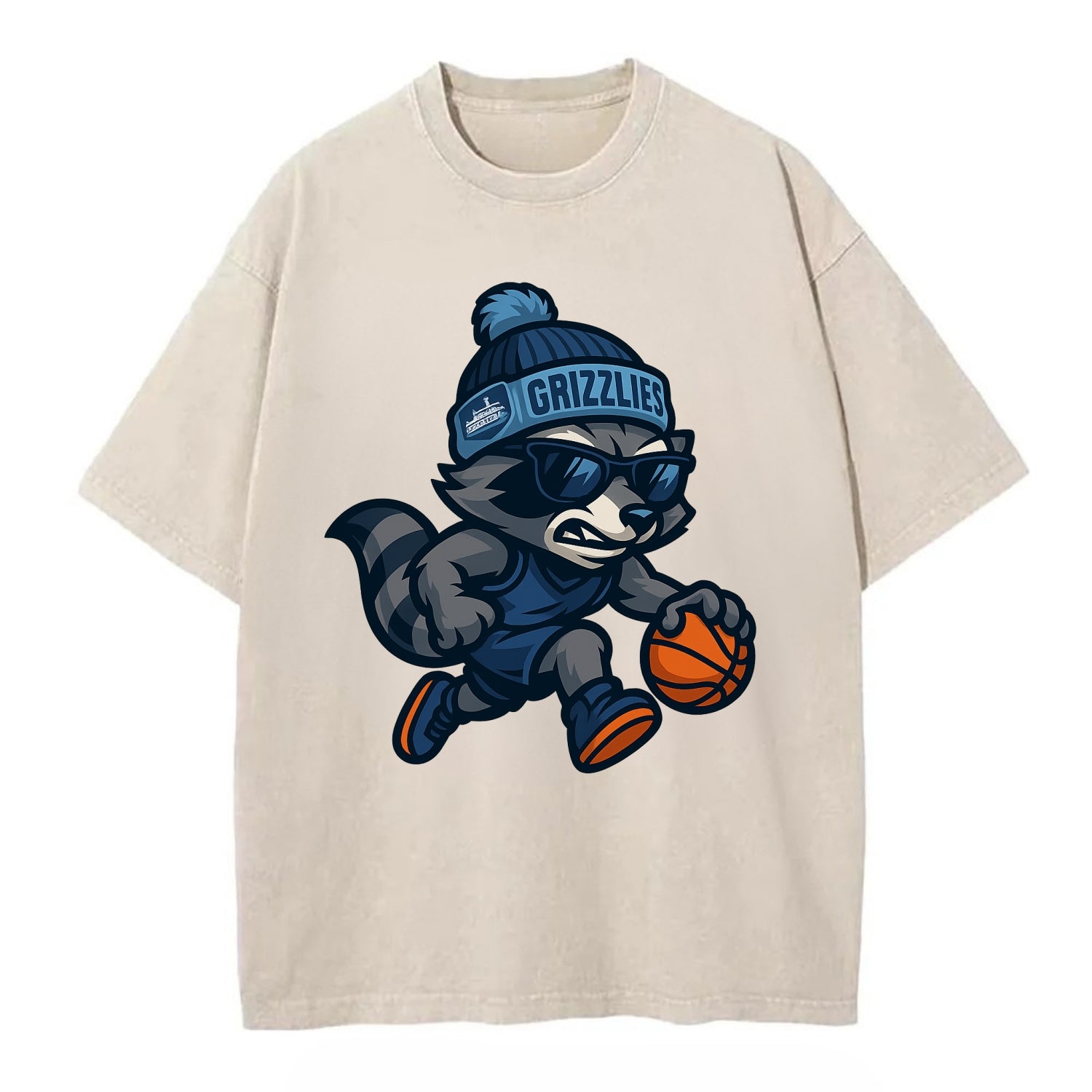 Memphis Raccoon wearing Grizzlies beanie with riverboat patch and wayfarer - Vintage T-shirt - Off White