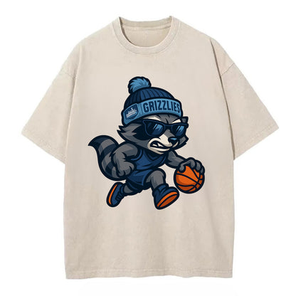 Memphis Raccoon wearing Grizzlies beanie with riverboat patch and wayfarer - Vintage T-shirt - Off White