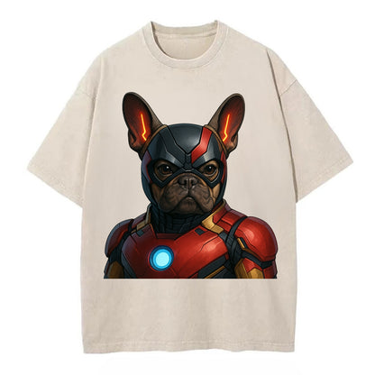 French Bulldog Iron Man  - Vintage T-shirt - Off White