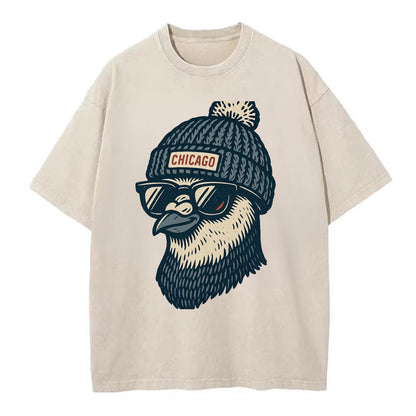 Chicago Pigeon wearing Chicago beanie with pom pom and wayfarer sunglasses - Vintage T-shirt - Off White