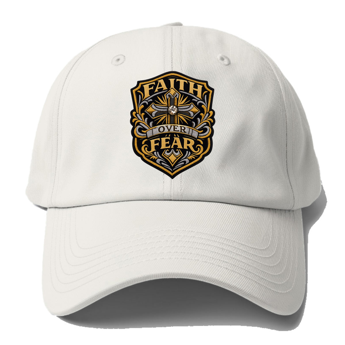 FAITH OVER FEAR - cross with text in gold , spiritual strength - Baseball Cap For Big Heads - Off White