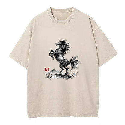WILD STALLION | Powerful stallion rearing up | Windswept mane and tail | Mountain - Vintage T-shirt - Off White