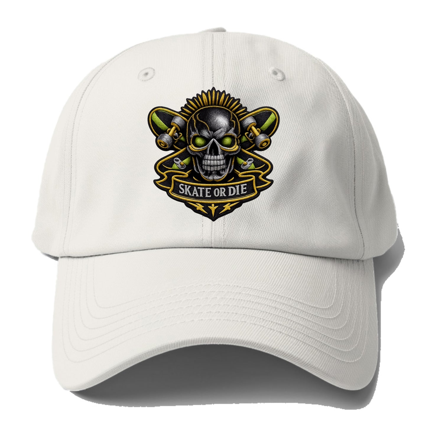 Embroidered patch design - SKATEBOARD SKULL - skull with skateboard in black and - Baseball Cap - Off White