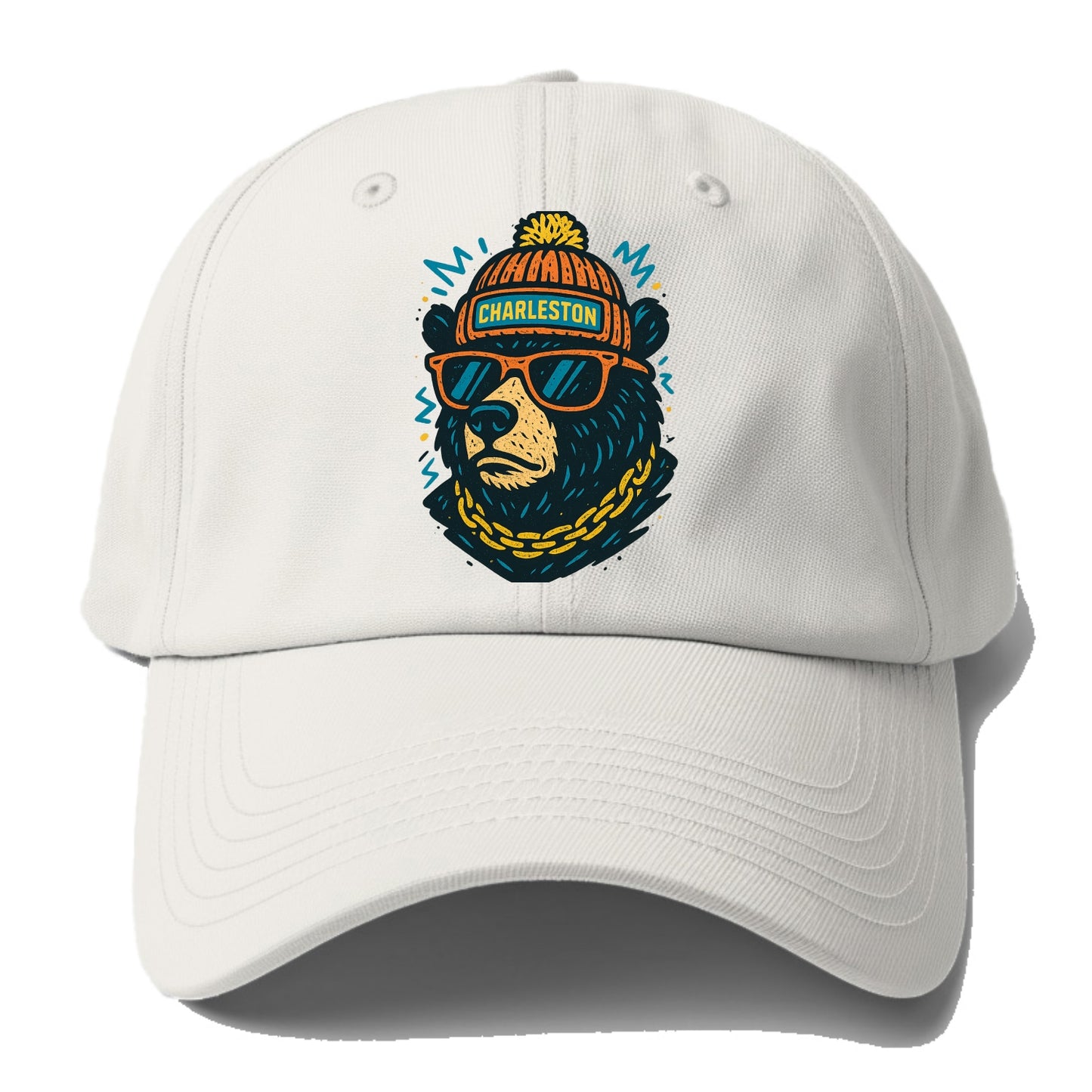 West Virginia Black Bear wearing Charleston beanie with pom pom and wayfarer - Baseball Cap - Off White