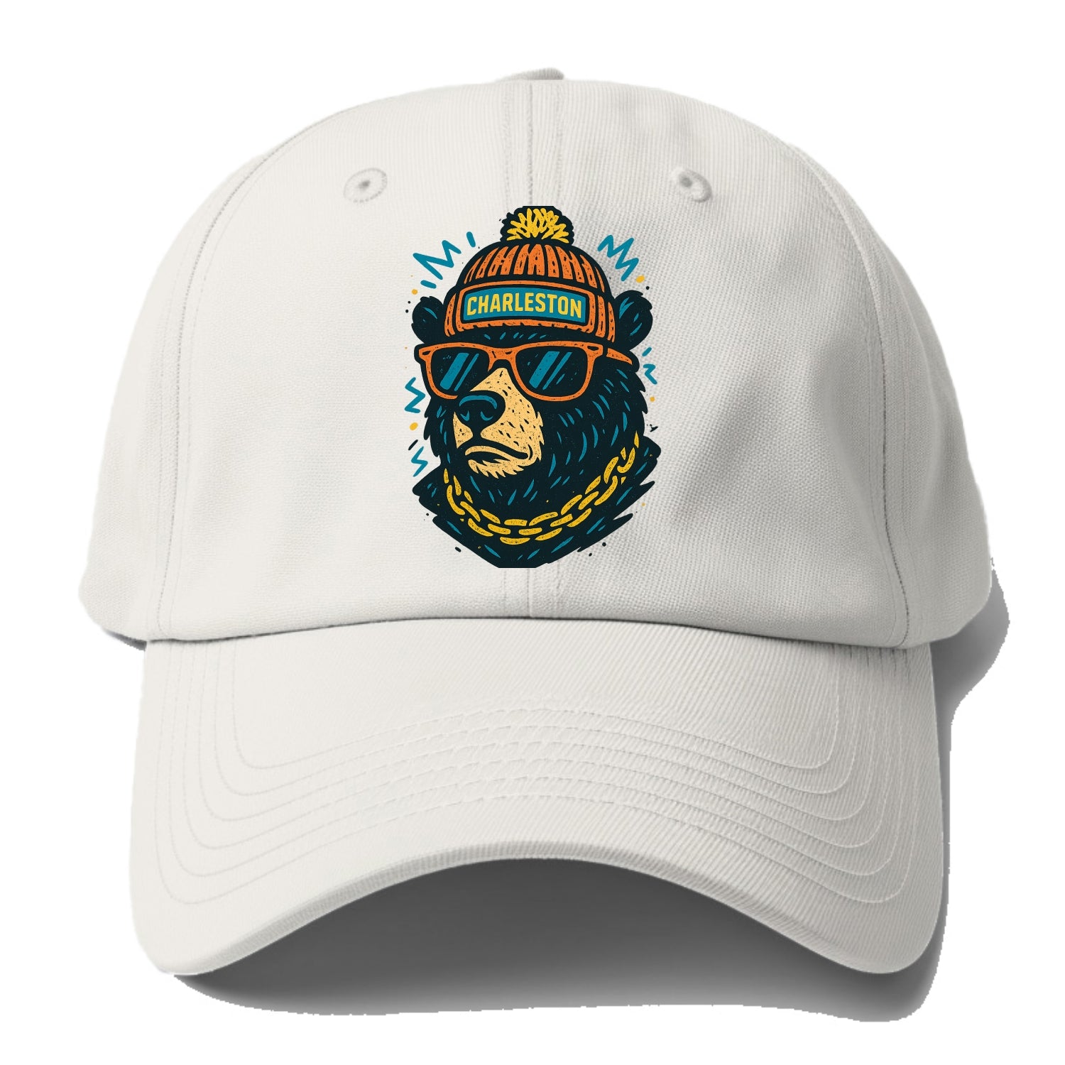 West Virginia Black Bear wearing Charleston beanie with pom pom and wayfarer - Baseball Cap - Off White
