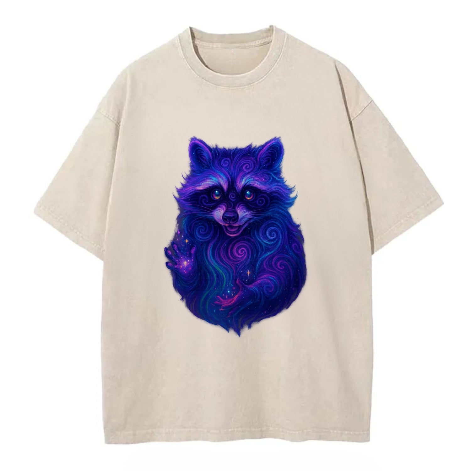 Playful raccoon with mask swirling in hypnotic patterns, neon purple and green - Vintage T-shirt - Off White