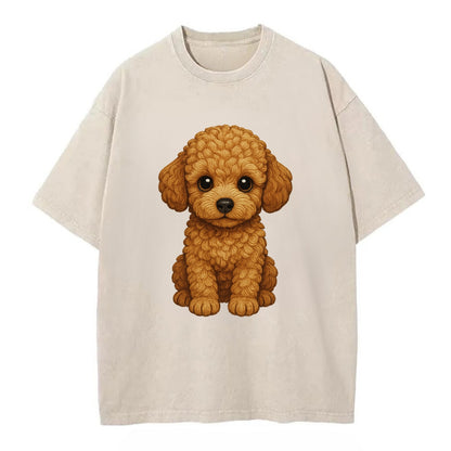 Baby Poodle Puppy - curly fluffy coat, intelligent eyes, elegant snout, - Vintage T-shirt - Off White