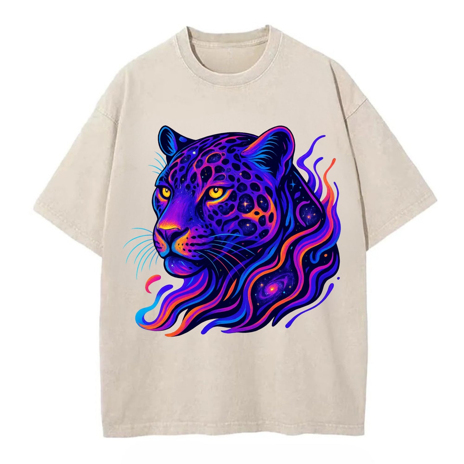 Powerful jaguar with rosettes containing miniature galaxies, cosmic purple and - Vintage T-shirt - Off White