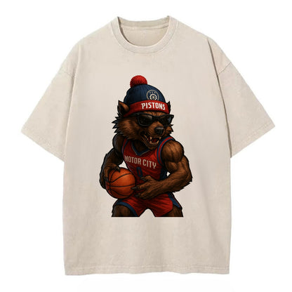Motor City Wolverine wearing Pistons beanie with gear patch and wayfarer - Vintage T-shirt - Off White