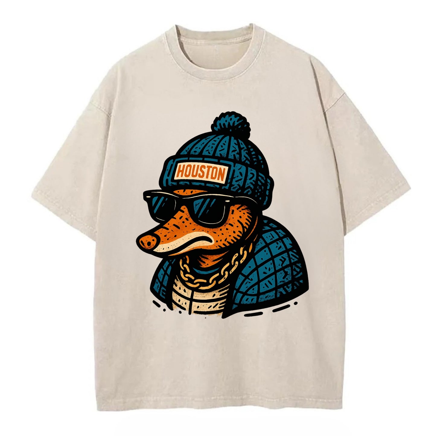 Houston Armadillo wearing Houston beanie with pom pom and wayfarer sunglasses - Vintage T-shirt - Off White