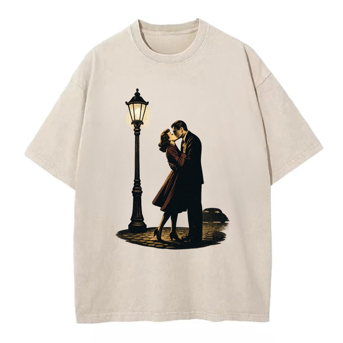 first kiss under vintage street lamp on cobblestone at night - Vintage T-shirt - Off White